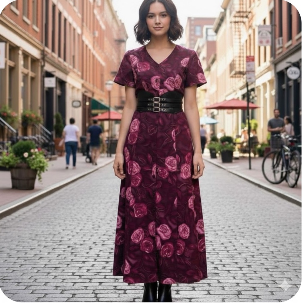Jessica Burgundy and Pink Casual V-Neck A-Line Maxi Dress